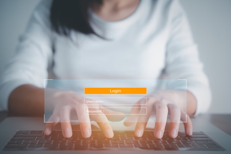 Woman using access window to log in entering password on laptop, Sign up username password Enter log in, Cyber protection, Information privacy. Protection Internet and technology Concept.